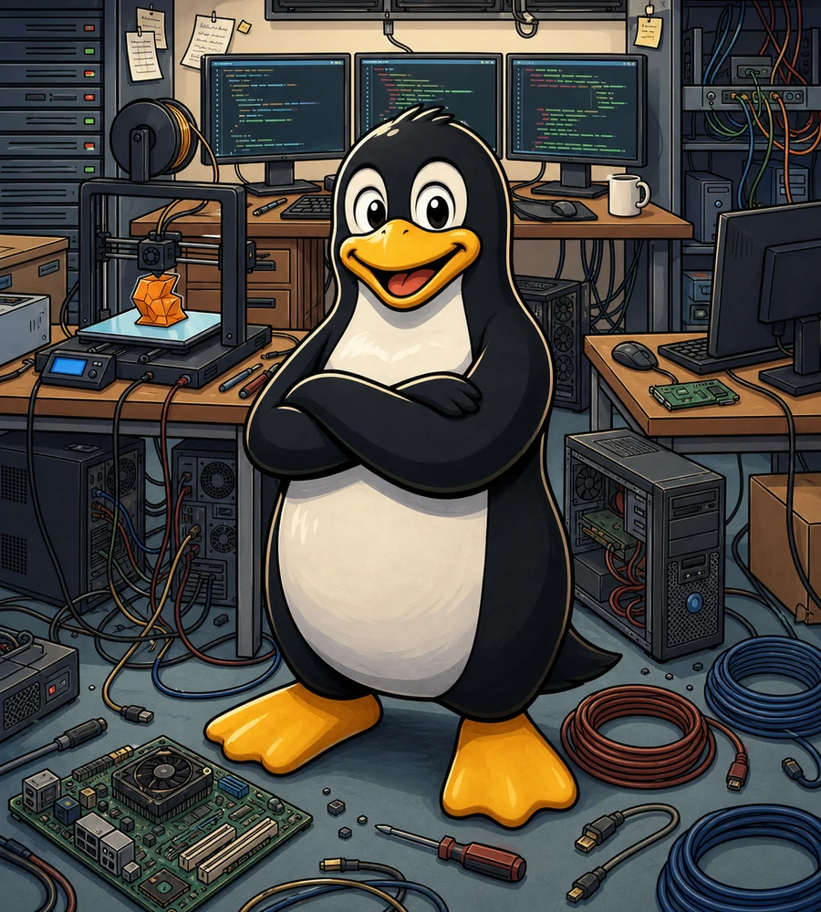 An illustrated Linux penguin standing in a busy computer lab